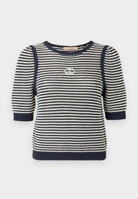 Maglione a righe navy e crema in maglia, con maniche a palloncino corte, polsini a coste e un dettaglio logo sul petto.