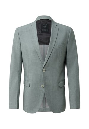 Blazer pour homme gris clair avec revers crantés, devant à deux boutons, poches à rabat et doublure intérieure noire avec étiquette visible.