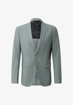 Blazer pour homme gris clair avec revers crantés, devant à deux boutons, poches à rabat et doublure intérieure noire avec étiquette visible.
