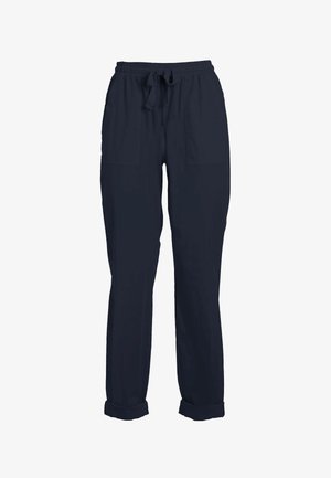 Pantalones casuales azul marino con cintura elástica y cordón, dos bolsillos delanteros y bajos remangados.