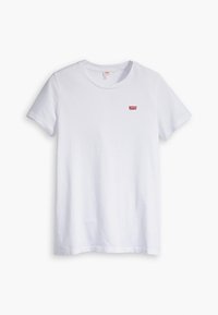 Hvid bomulds t-shirt med korte ærmer, rund hals og et lille rødt Levi's logo på brystet. Glat tekstur, simpel design.