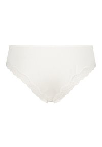 White ribbed fabric brief with a floral lace trim along the waistband. Soft texture and regular fit design.