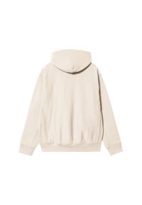 Sudadera con capucha color beige de tejido texturizado, con un bolsillo tipo canguro, puños y dobladillo de canalé, diseñada para la comodidad y el calor.