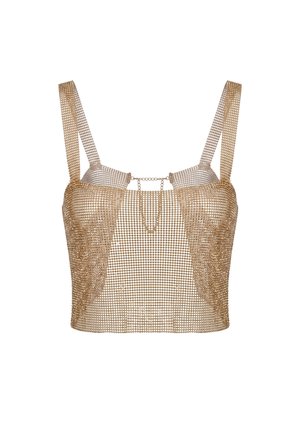 Top corto in mesh dorato con spalline larghe e chiusura con fibbia al centro davanti.