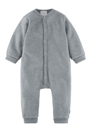 Light gray, long-sleeve, footless baby romper with snap buttons down the front and ribbed cuffs on sleeves and legs.