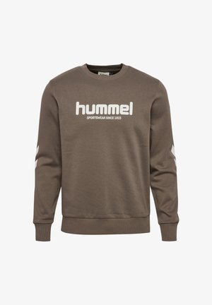 Sweat-shirt marron à encolure ronde, avec logo et texte "hummel" blancs. Accents blancs sur les manches, fabriqué en tissu doux et texturé.