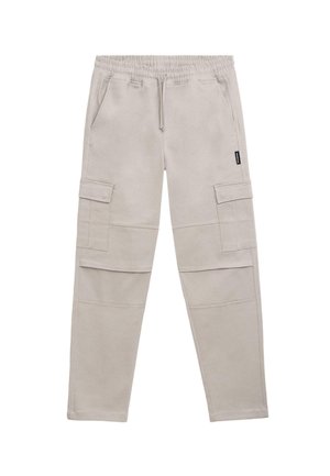 Beige cargo pants made of soft material, featuring an elastic waistband, two side pockets, and two cargo pockets on the thighs.