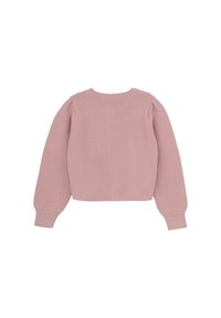 Ljust rosa stickad tröja med rund halsringning, långa ärmar och ribbade muddar och nederkant. Slät textur med en något kortad passform.