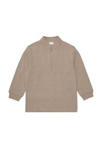 Beiger Pullover aus weichem Stoff, mit hohem Kragen, halbem Reißverschluss, langen Ärmeln und einer horizontalen Naht über der Brust.