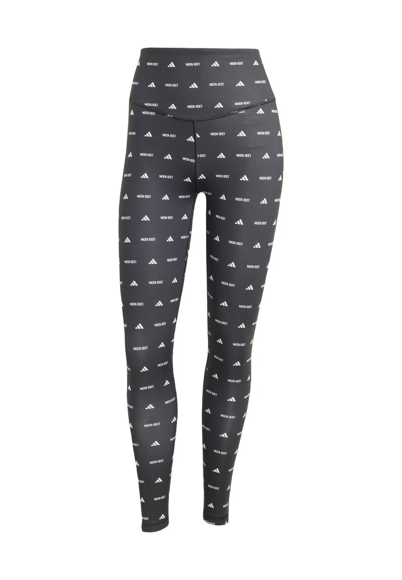 Leggings negros con un patrón de logotipo blanco que se repite. Diseño de cintura alta con un material suave y elástico.