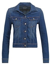 Tummansininen farkkutakki, jossa on klassinen kaulus, edessä napillinen suljenta ja kaksi rintataskua. Takissa on kontrastitikkaukset ja lyhyt, tyylikäs malli.