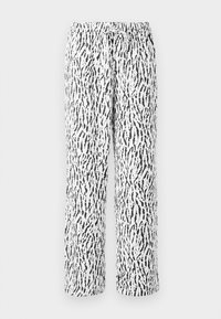 Pantaloni a righe bianchi e neri con vita elastica e cordoncino, caratterizzati da un design loose fit e gamba dritta, realizzati in un tessuto morbido.