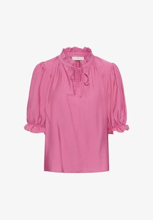 Kurzärmlige rosa Bluse mit Rüschenausschnitt, gerafften Bündchen und lockerer Passform. Glatte Textur mit dezentem Glanz. Krawattendetail am Hals.