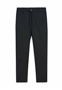 Zwarte joggers met een trekkoord in de taille, taps toelopende pijpen en een gladde stoftextuur. Geen zakken of zichtbare patronen.