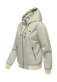 Lys grå hettejakke med frontglidelås, snor i hetten, glidelåslommer på siden og ribbestrikkede mansjetter og nederkant i kremfarge.
