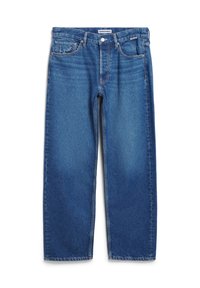 Jeans en denim bleu à coupe ample, taille haute, design à cinq poches et boutonnière traditionnelle. Faibles marques d'usure et détails de couture visibles.