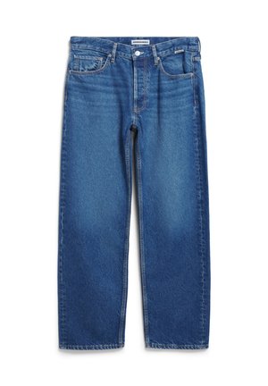 Blauwe spijkerbroek met een losse pasvorm, hoge taille, vijf zakken en een traditionele knoopsluiting. Vage slijtage- en stikseldetails zichtbaar.