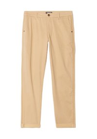 Beige katoenen broek met een rechte snit, voorzien van een knoopsluiting, twee zijzakken en opgerolde boorden voor een casual uitstraling.