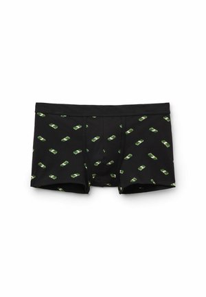 Calzoncillos bóxer para hombres negros con un patrón de pequeños fajos apilados de billetes verdes dispersos de manera uniforme sobre la tela.