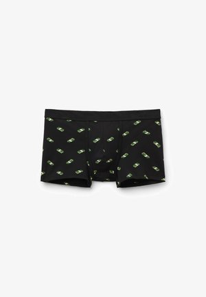 Zwarte herenboxershorts met een patroon van kleine gebundelde stapels groene dollars, gelijkmatig verspreid over de stof.