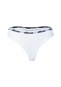 Tanga bianco in cotone con elastico nero in vita, caratterizzato da un logo "ellesse" in bianco. Texture liscia e design minimalista.