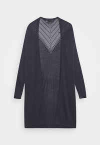 Lång svart öppen front cardigan med intrikat chevronstickning på den övre ryggen och långa ärmar.