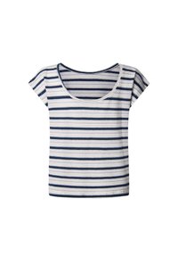 Striped short-sleeve t-shirt in navy and white, featuring a wide round neckline and a soft, lightweight fabric with a relaxed fit.