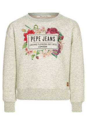 Lichtbeige textuurige trui met kleurrijk bloemenontwerp en de tekst "PEPE JEANS LOVING FLOWERS EST. 1973 LONDON" aan de voorkant.