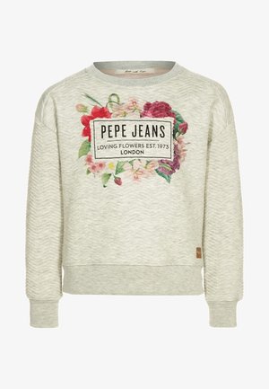 Sweat-shirt texturé beige clair avec un motif floral coloré et le texte « PEPE JEANS LOVING FLOWERS EST. 1973 LONDON » sur le devant.