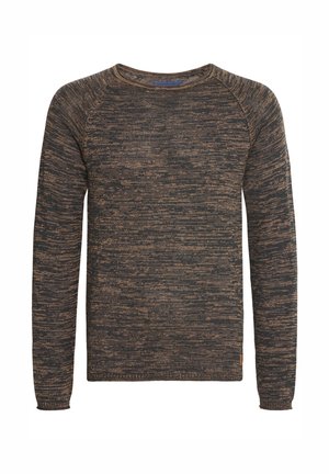 Knit sweater with long sleeves, featuring a textured pattern in dark brown and black tones. Round neckline and ribbed cuffs.