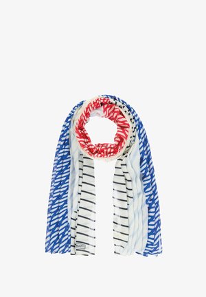 Lekki szalik z czerwonymi, białymi i niebieskimi wzorami zebry i pasków, luźno złożony z widoczną metką marki na białej tkaninie.