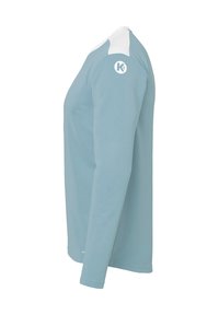 Lange mouw shirt in lichtblauwe polyester, met een witte kraag en schouderaccenten, en een ronde logo op de bovenarm.