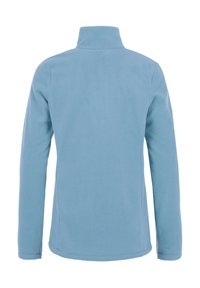 Giacca in fleece blu chiaro con colletto alto, maniche lunghe e una texture liscia. Presenta un design semplice e senza cuciture, privo di decorazioni.