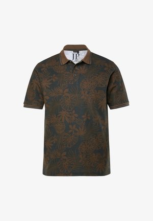 Dark green short-sleeve polo shirt with brown tropical leaf pattern, brown collar, and two-button placket.