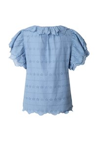 Blusa corta de manga corta en azul claro con cuello y mangas con volantes, que presenta bordados florales de ojales y bordes festoneados.