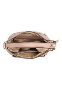 Sac à main en cuir rose avec deux compartiments à zip et doublure en tissu. Dispose de quatre poches intérieures, texture lisse et quincaillerie en métal argenté.