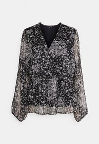 Sort bluse med lange, gennemsigtige ærmer, prydet med et blomster mønster i hvid og grå, v-udskæring og en samlet talje detalje.