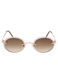 Gafas de sol ovaladas con lentes marrones degradados, finos marcos metálicos en oro rosa, y sutiles acentos de carey en las varillas. Incluye almohadillas nasales transparentes.