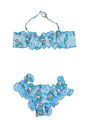 Costume da bagno per bambini a due pezzi blu con volant, caratterizzato da un personaggio dei cartoni animati giocoso che tiene in mano un motivo a chiave.