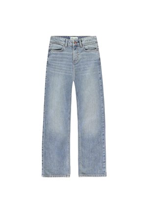 Lichtblauwe spijkerbroek met hoge taille, knopen en rits aan de voorkant, en rechte, wijde pijpen, plat neergelegd op een witte achtergrond.