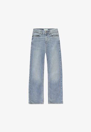 Lichtblauwe spijkerbroek met hoge taille, knopen en rits aan de voorkant, en rechte, wijde pijpen, plat neergelegd op een witte achtergrond.