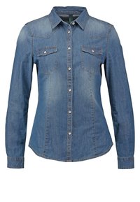 Blå denimskjorta med lång ärm, knäppning framtill och två bröstfickor med knäpplockar, skräddarsydd passform och spetsig krage.