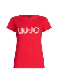 Červené bavlnené tričko s okrúhlym výstrihom a krátkymi rukávmi. Obsahuje biele logo "LIU·JO" s dekoratívnymi detailmi. Jednoduchý, plochý textúrovaný dizajn.