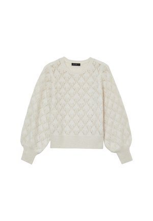 Cremfarbener Strickpullover mit einem Rautenmuster, Ballonärmeln und einem gerippten Bund. Weicher Textur mit rundem Ausschnitt.