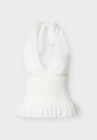 Λευκό τοπ με halter neck χωρίς μανίκια, υφασμένο υλικό, λαστιχένια μέση και βολάν στο τελείωμα.