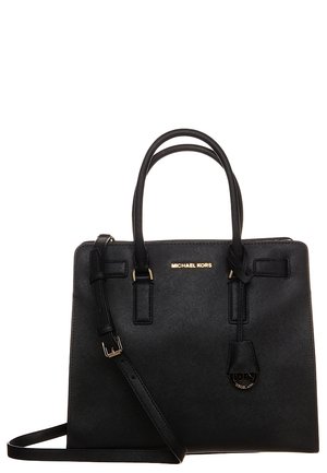Sort Michael Kors lædertaske med dobbelte håndtag, justerbar skulderrem og gyldent logo foran.