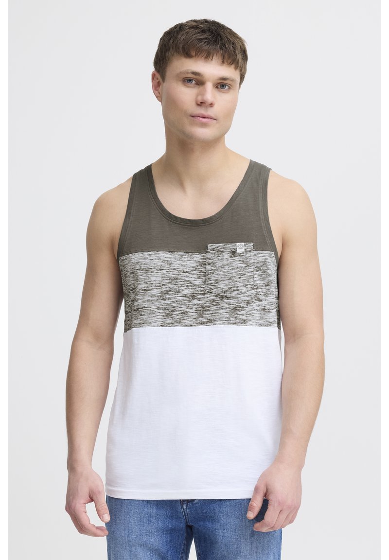 Sleeveless tank top featuring a green upper section, grey marled middle, and white lower section with a chest pocket. Soft fabric texture.