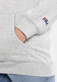Sudadera gris con una textura suave, que cuenta con un bolsillo frontal y puños canalé. La manga izquierda presenta un logo de FILA en color.