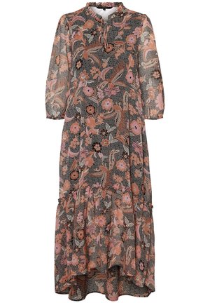 Robe midi à motif floral avec des fleurs roses et orange, manches bouffantes trois-quarts, ourlet à volants et décolleté fendu sur fond noir.