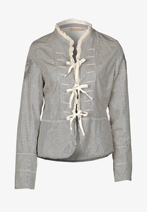 Light brown and white pinstriped long-sleeve jacket with ruffled collar and three tied bows down the front.